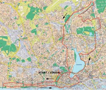 Outline map of Hamburg marathon route.